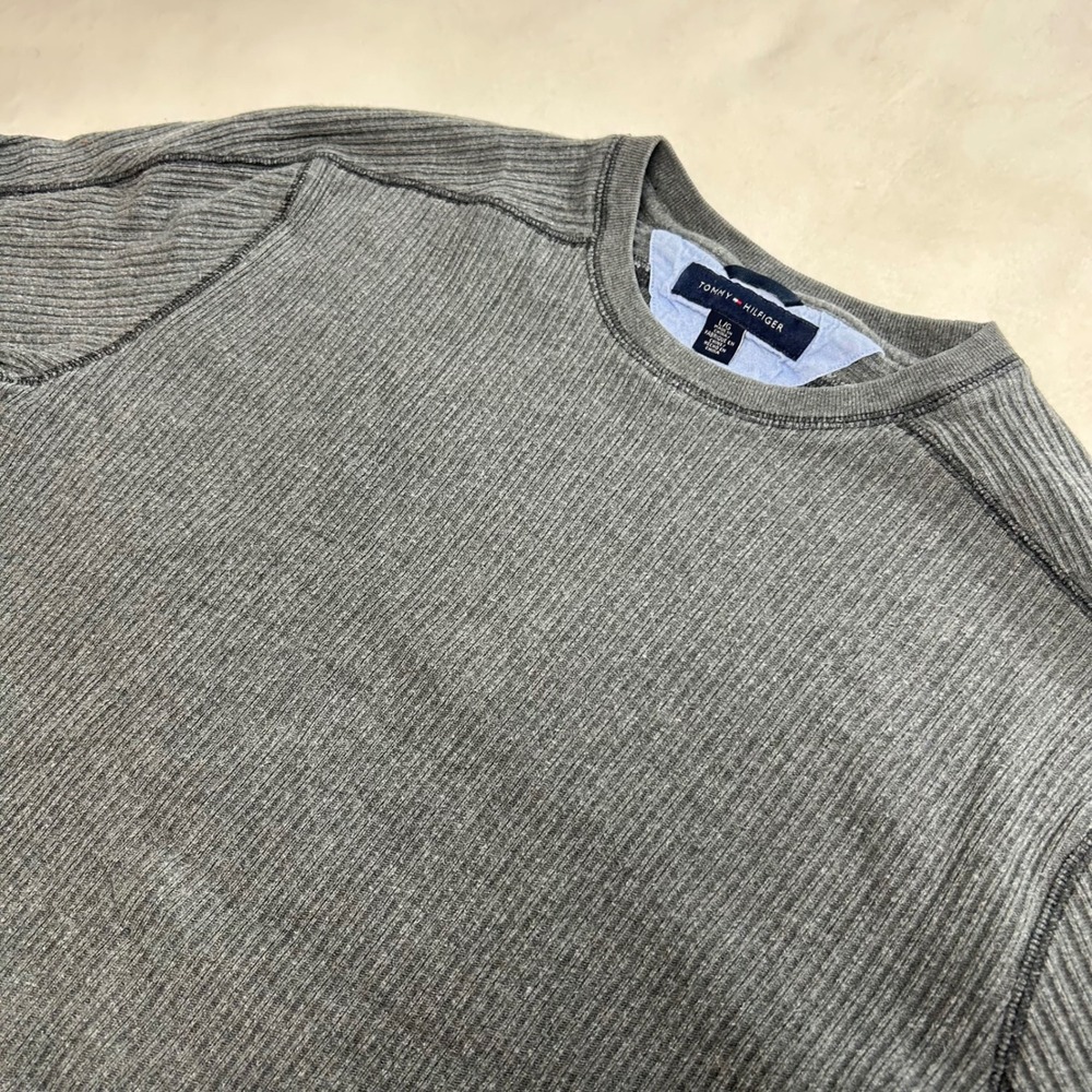 Tommy Hilfiger Mens Large Gray Ribbed Thermal Long Sleeve Crew Neck Shirt Cotton